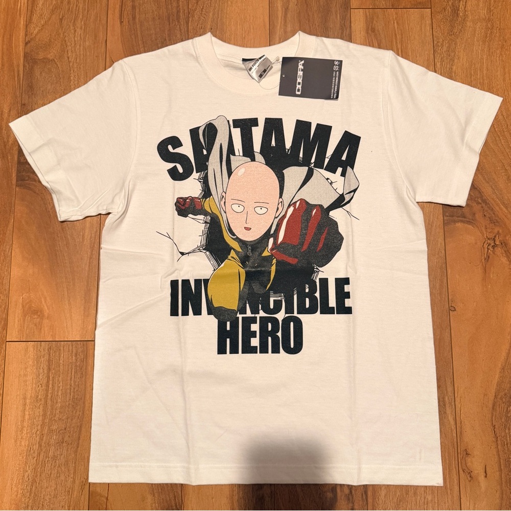 Cospa One-Punch Man Saitama "Invincible Hero" T-shirt, White Graphic, Size Small